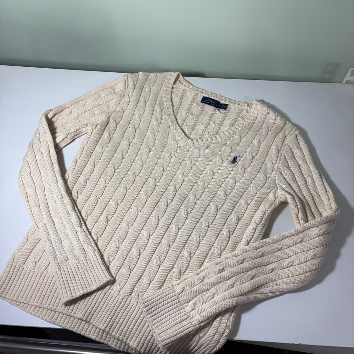 우먼M 폴로 랄프로렌 아이보리 브이넥 꽈배기니트 상품이미지1