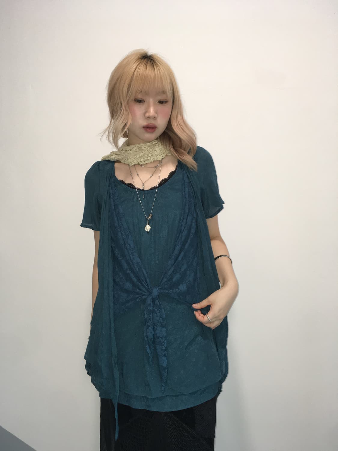 Axes femme blue dot ribbon blouse dress 상품이미지4