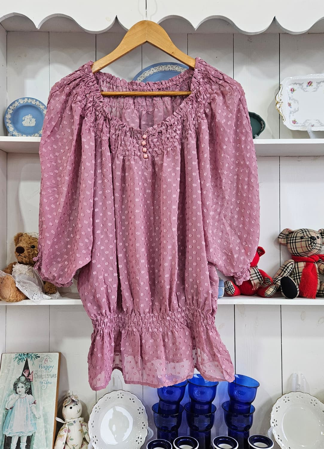 도트 쉬폰 스모크 롱핏 블라우스 상품이미지1