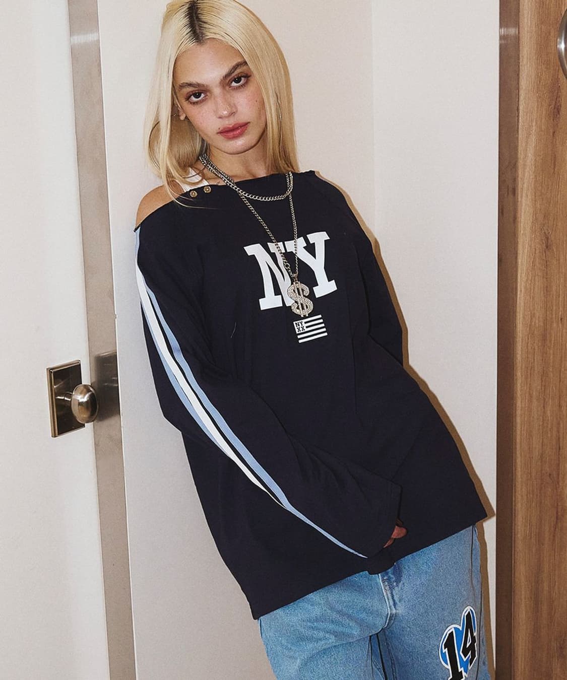 엔와이엑스엑스 오프숄더 롱슬리브 네이비 상품이미지2