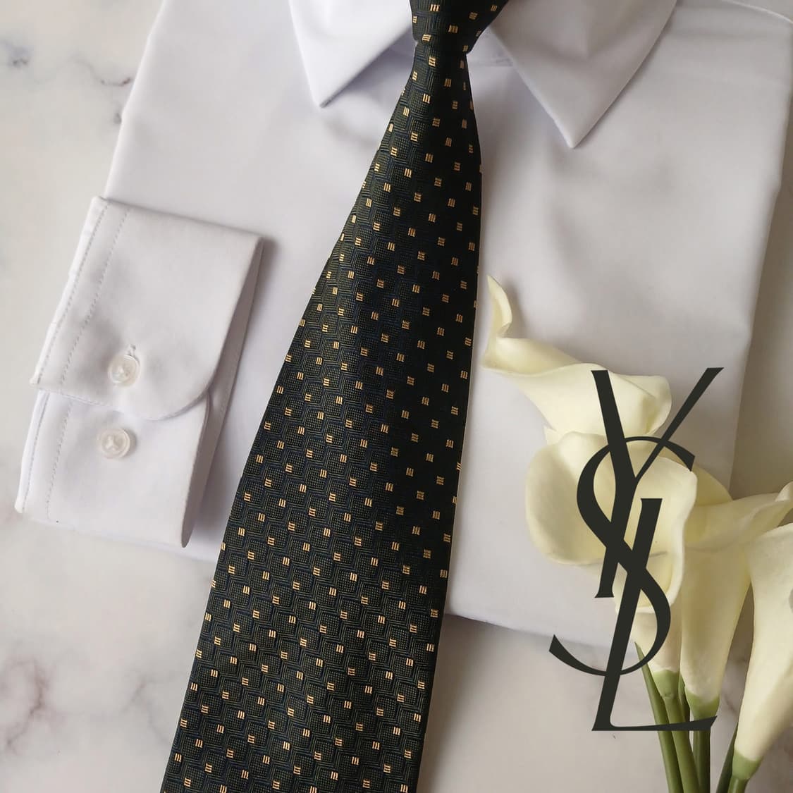 입생로랑 실크 다크그린 골드 패턴 넥타이 9.9cm A+등급 A19087 상품이미지1