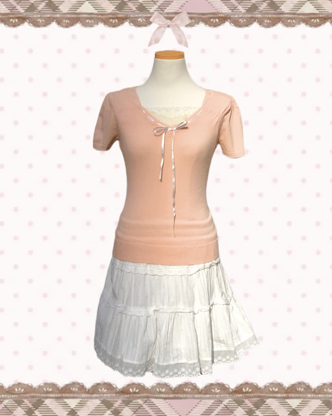 로디스포토 리본 레이스 코랄핑크 썸머 반팔 니트 상품이미지2