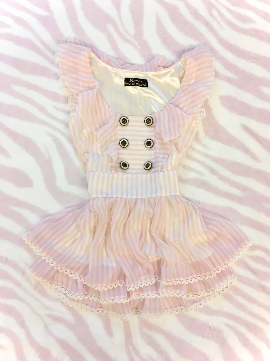 로지타 핑크 스트라이프 버튼 쉬폰 프릴 원피스 히메갸루 러블리 헤이세이 상품이미지2