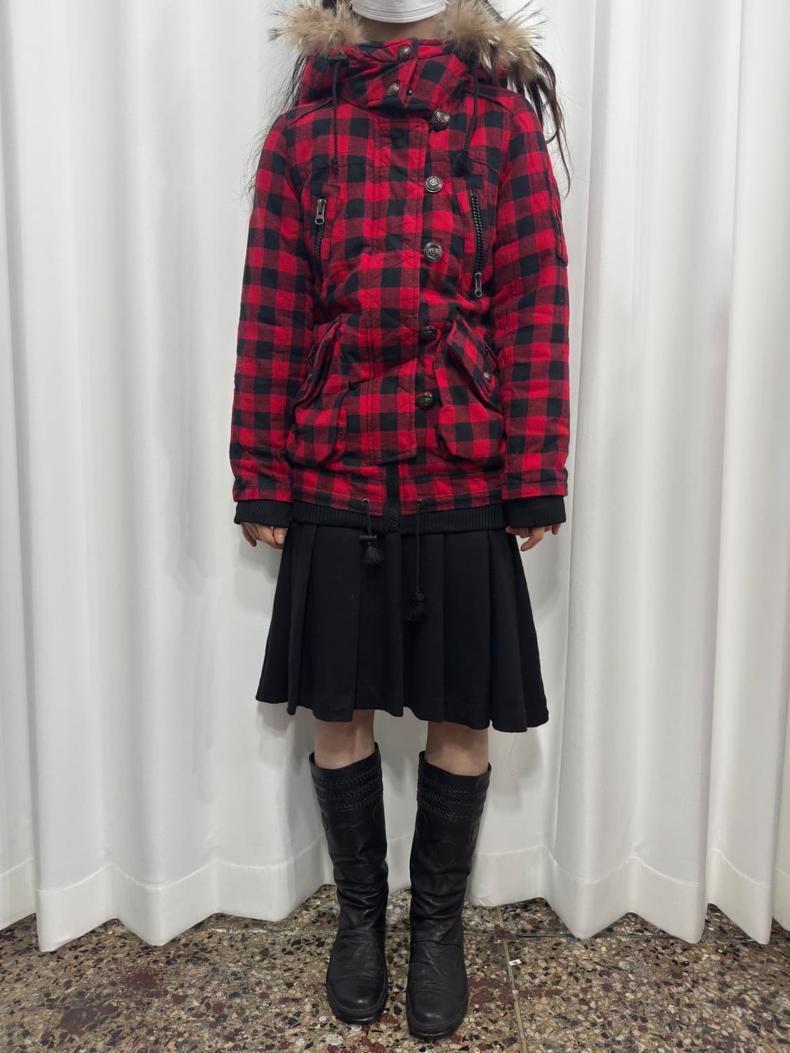 now here red check fur hood jacket 상품이미지2