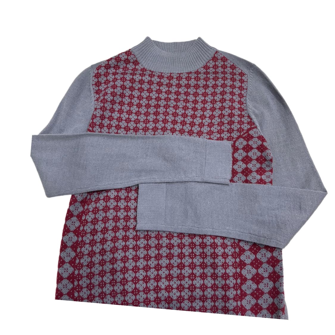 빈티지 그레이 격자 레드미니하트 패턴 니트 스웨터 상품이미지2