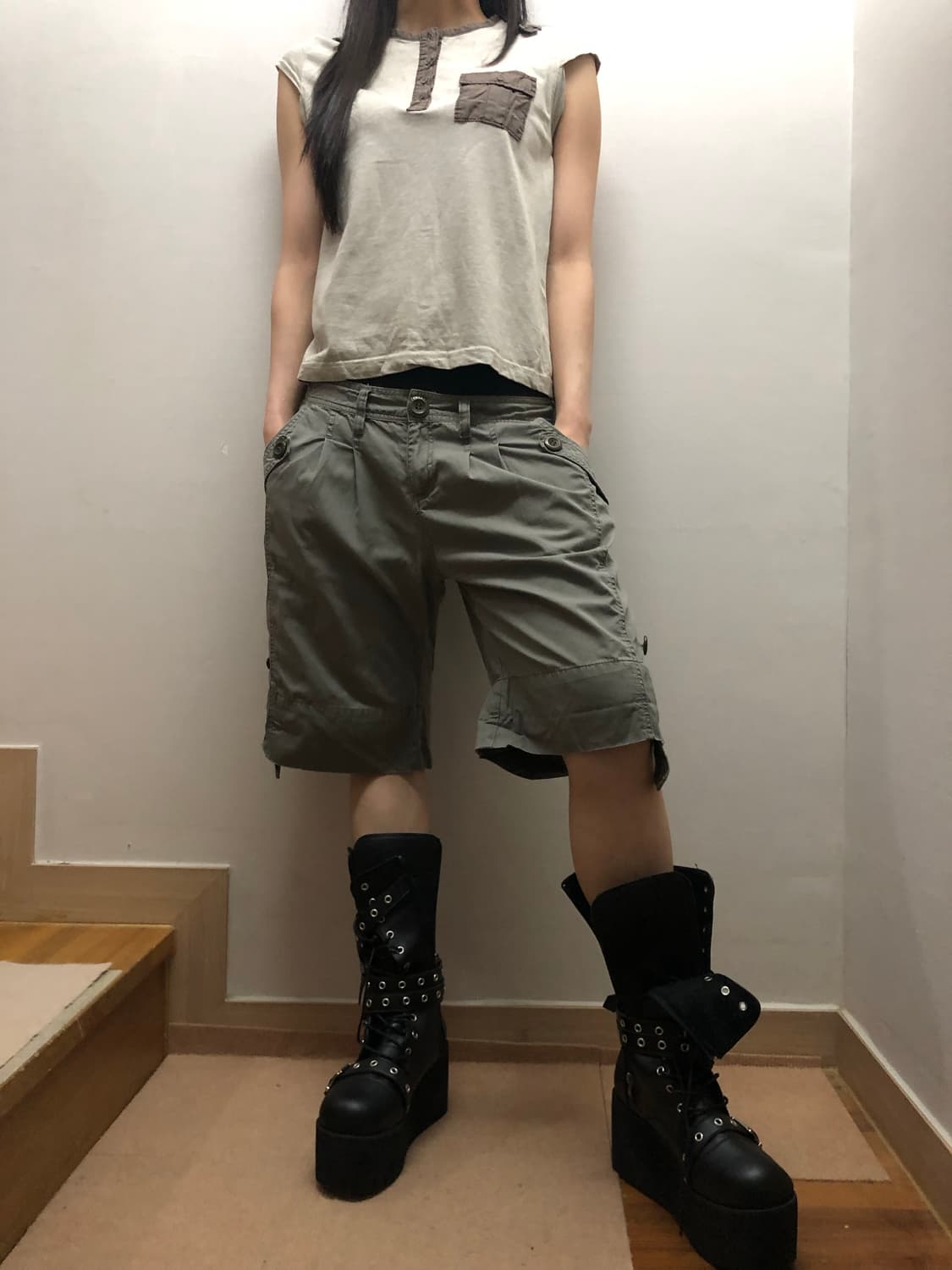 빈티지 카키그레이 버뮤다 팬츠 상품이미지2