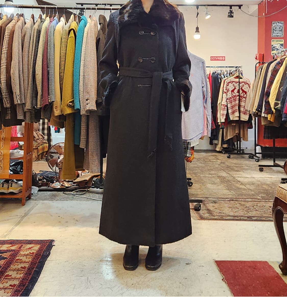 DElBA milano 알파카 울 블렌드 리얼 밍크 퍼 블랙 롱 코트 상품이미지1