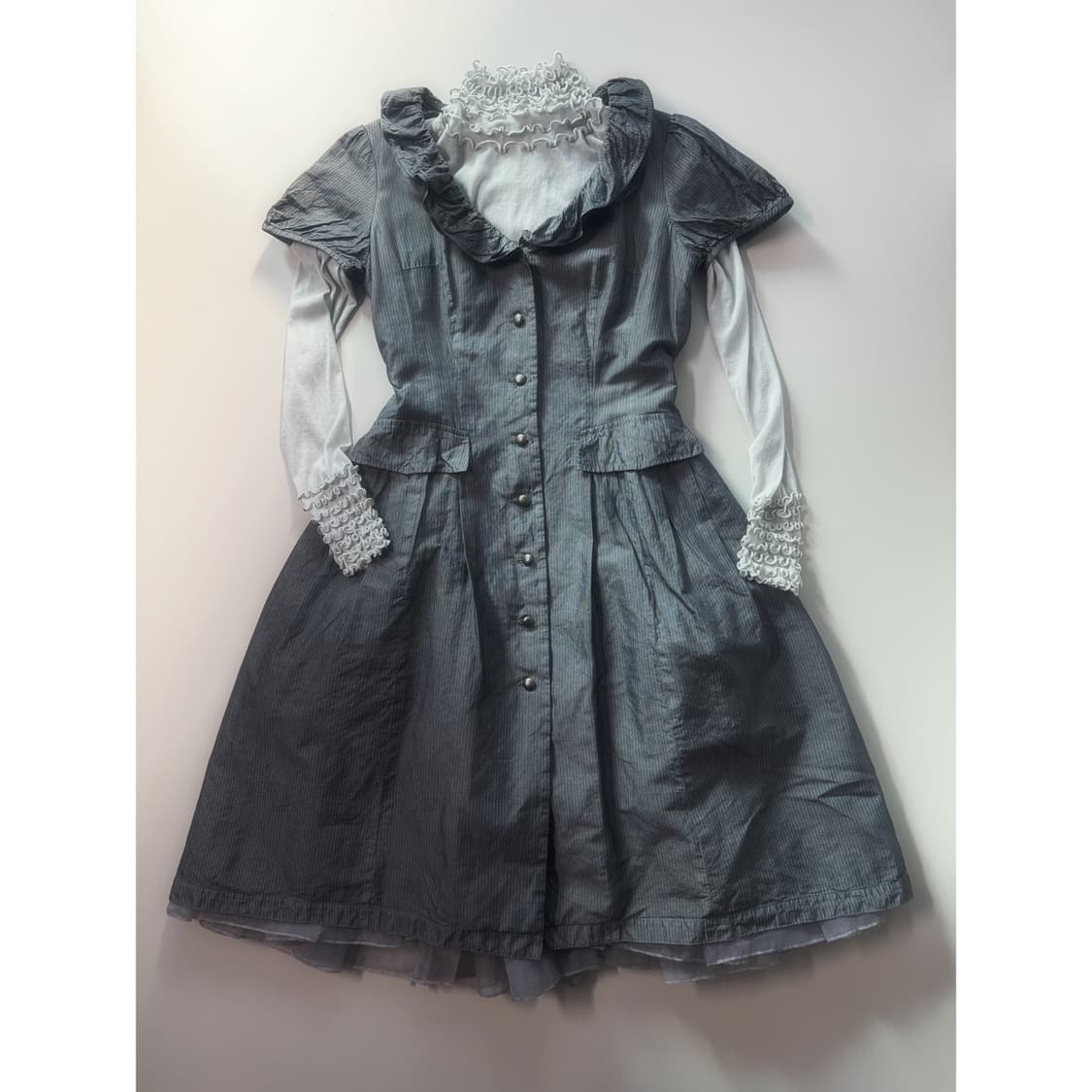 퍼프 슬리브 레이어드 샤 드레스 메쉬 블라우스 2pcs SET 상품이미지1