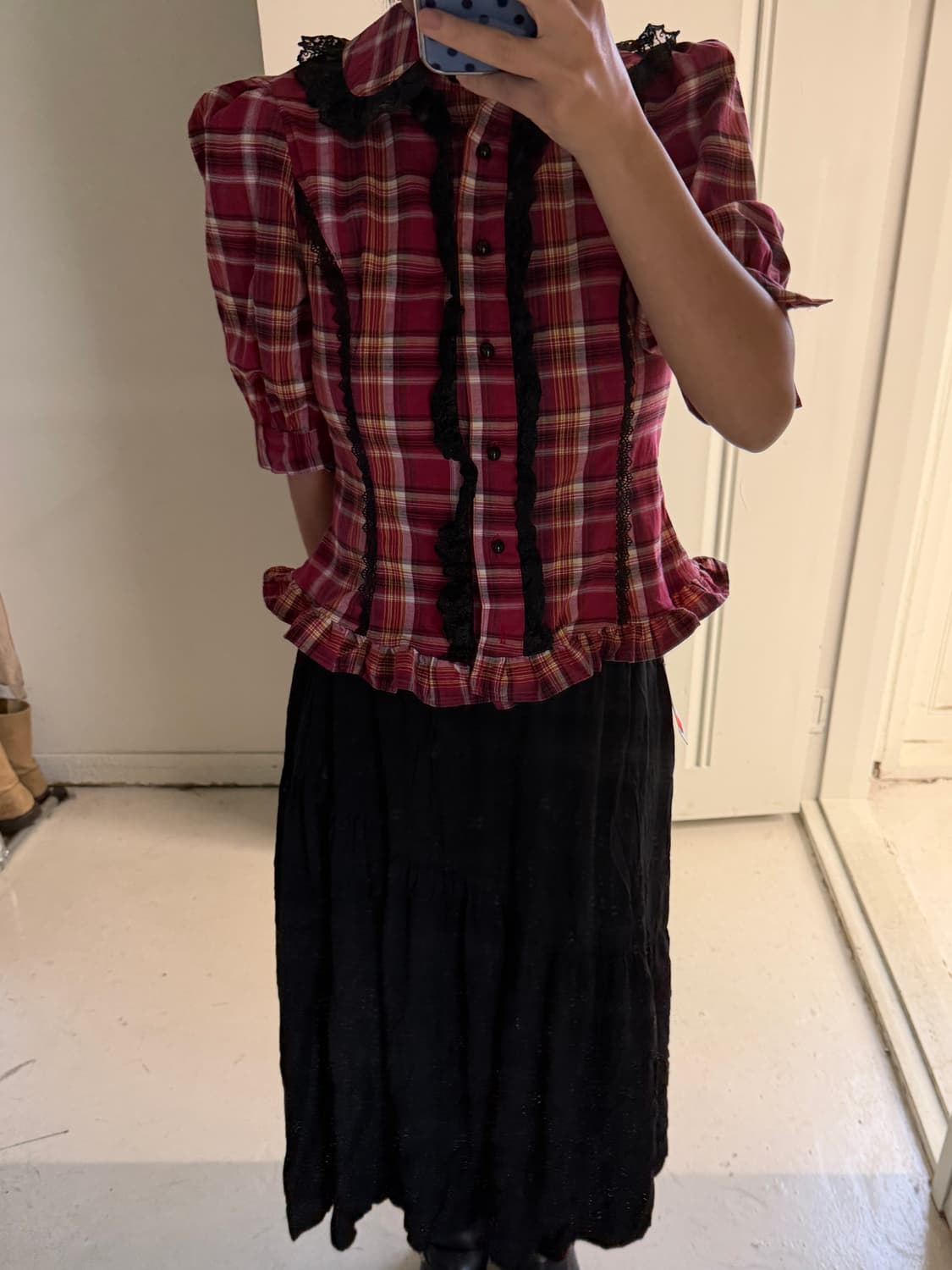 일본빈티지 그런지 체크레이스 블라우스 상품이미지3