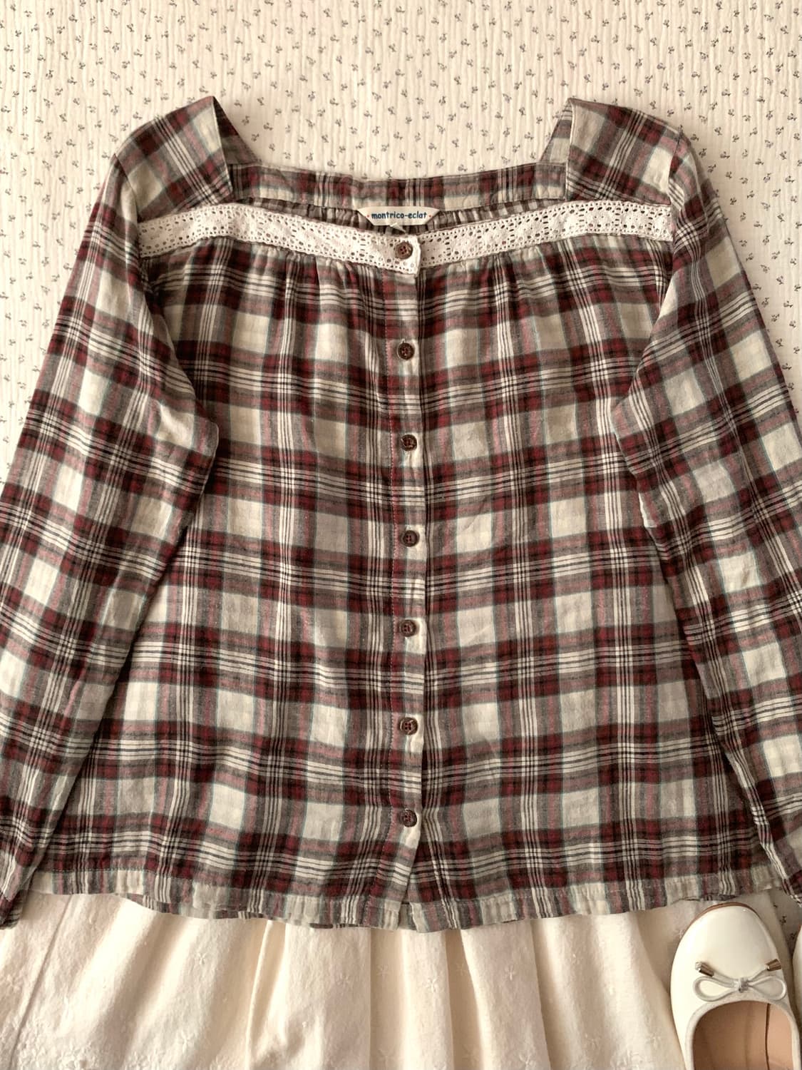 모리 스퀘어 체크 레이스 블라우스 상품이미지2