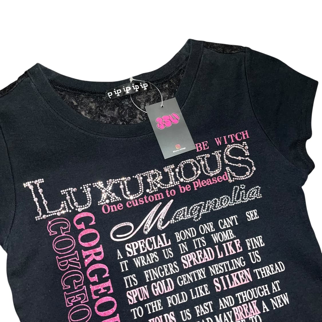 큐빅 레터링 백레이스 시스루 반팔티 키치갸루y2k 상품이미지2