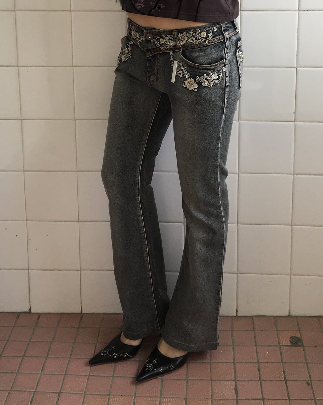 Flower needle work point denim pants 상품이미지6