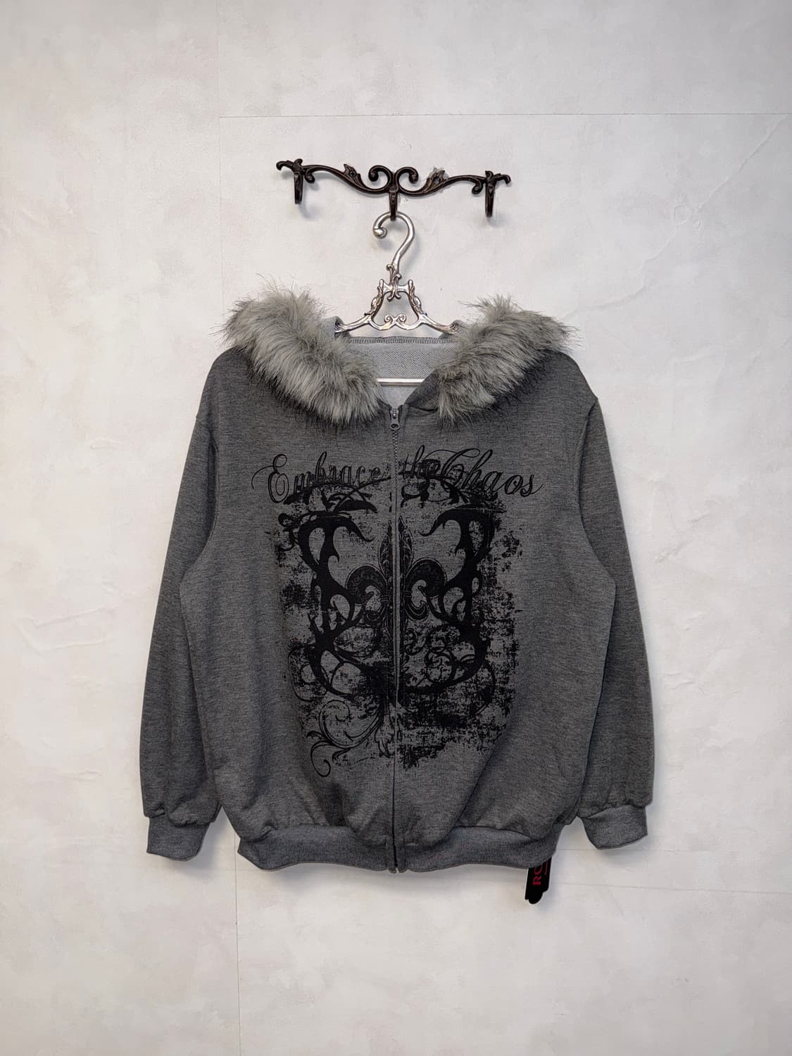 Romwe gray gothic printed fur hood zipup 상품이미지1