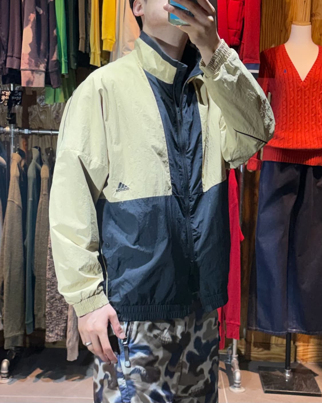 L 아디다스 삼선로고 베이지 배색 나일론 자켓 상품이미지1