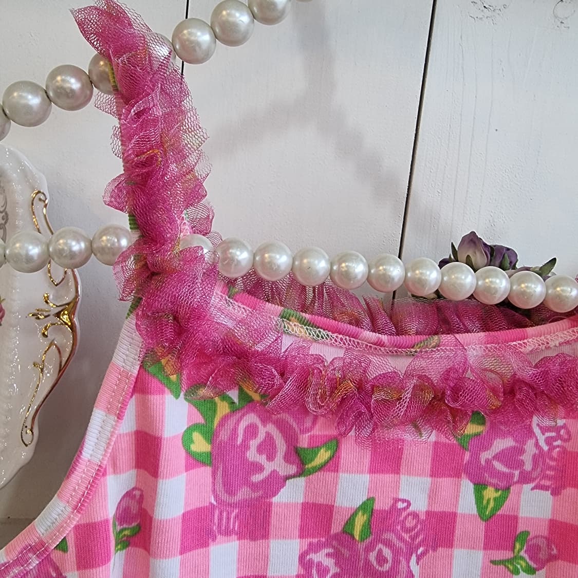 RONI 핑크 체크 꽃무늬 끈나시 상품이미지2