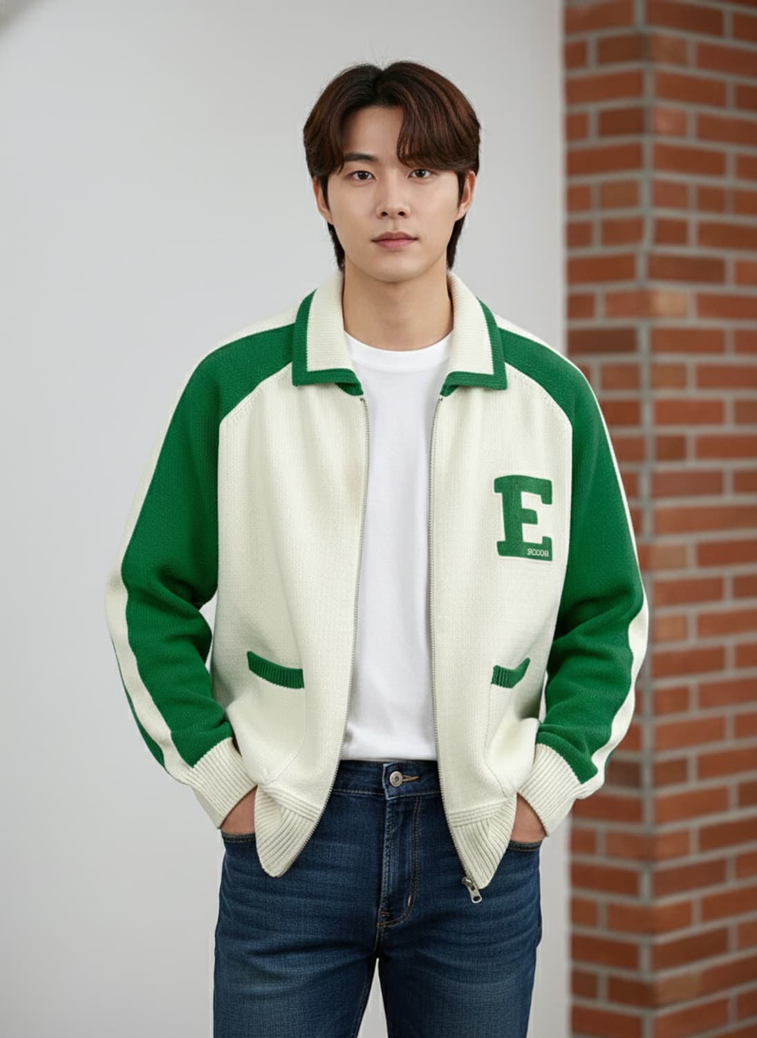 이코르[ECORR] 바시티 배색 니트 집업 상품이미지7