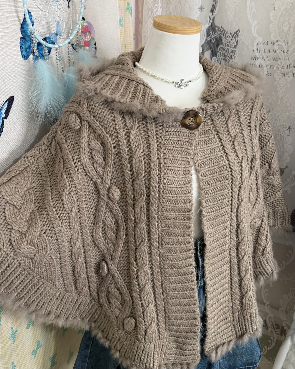 코코아 브라운 꽈배기 후드 케이프 가디건 상품이미지2