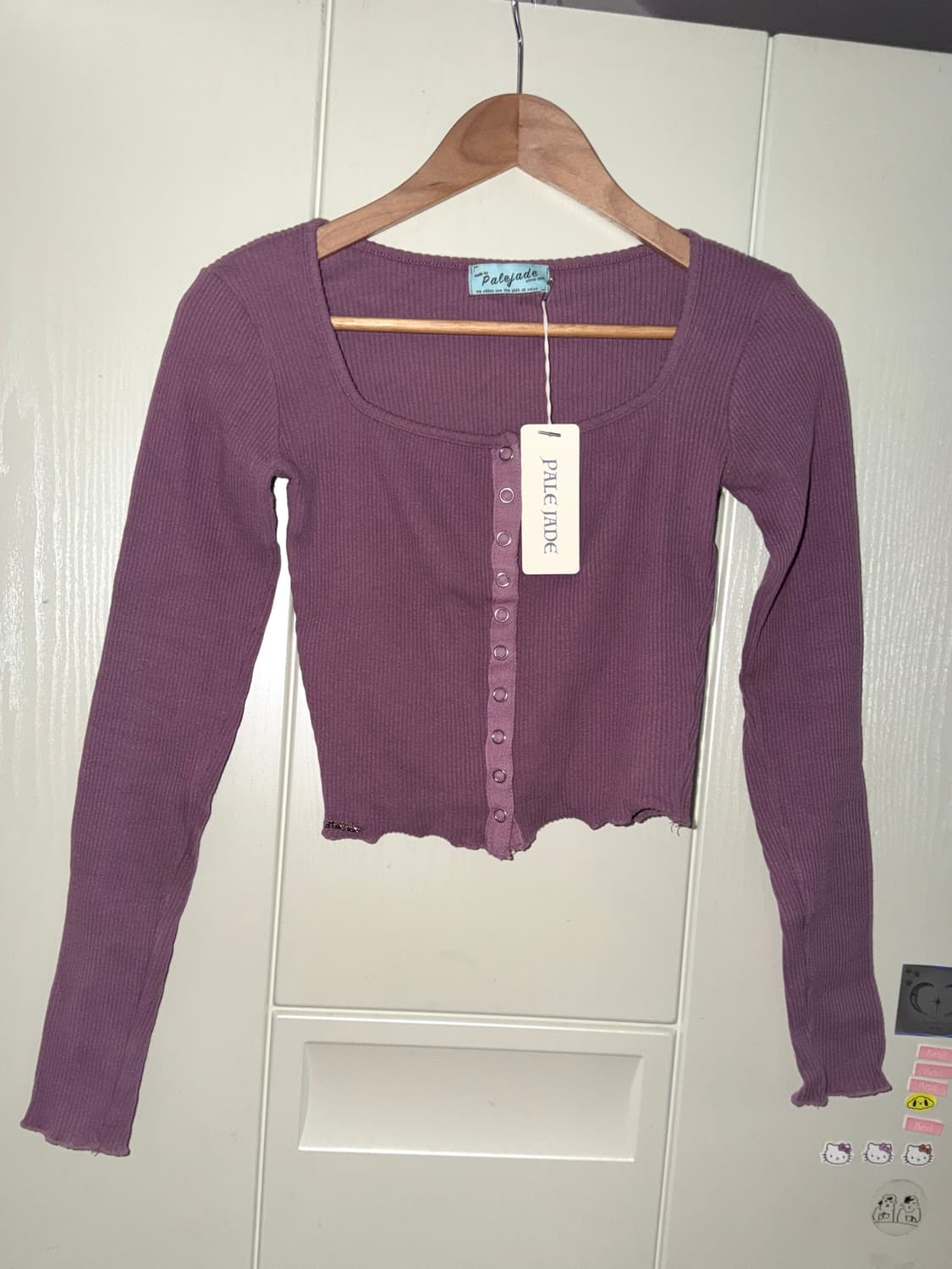 페일제이드 톤온톤 버튼탑 스퀘어넥 가디건 퍼플크롭골지슬리브티셔츠로고스티치 상품이미지2