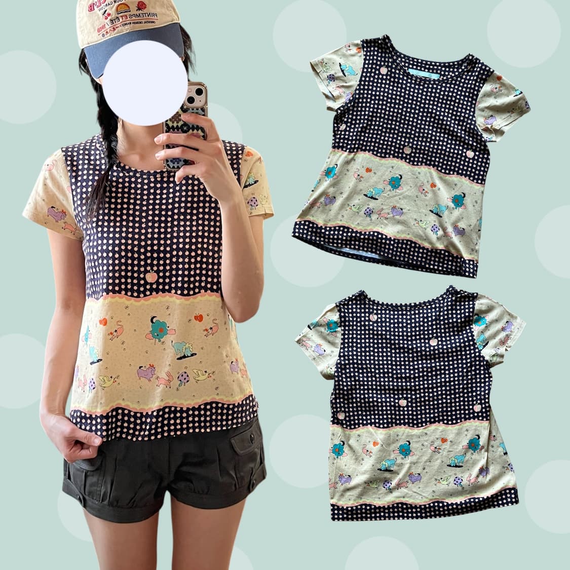 모리걸 사과 땡땡이 패치워크 티셔츠 상품이미지1