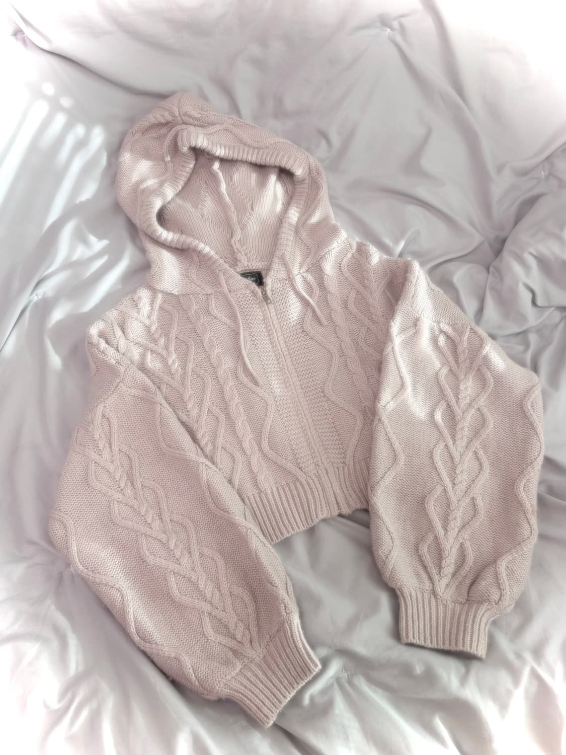 빈티지 요거트핑크 크롭 하트짜임 니트 후드집업 모리걸 하구미 샵페어리 상품이미지1