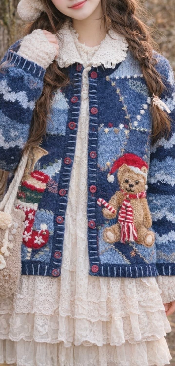 빈티지 곰돌이 크리스마스 가디건 핸드메이드 가디건 모리걸 테디베어 니트 상품이미지1