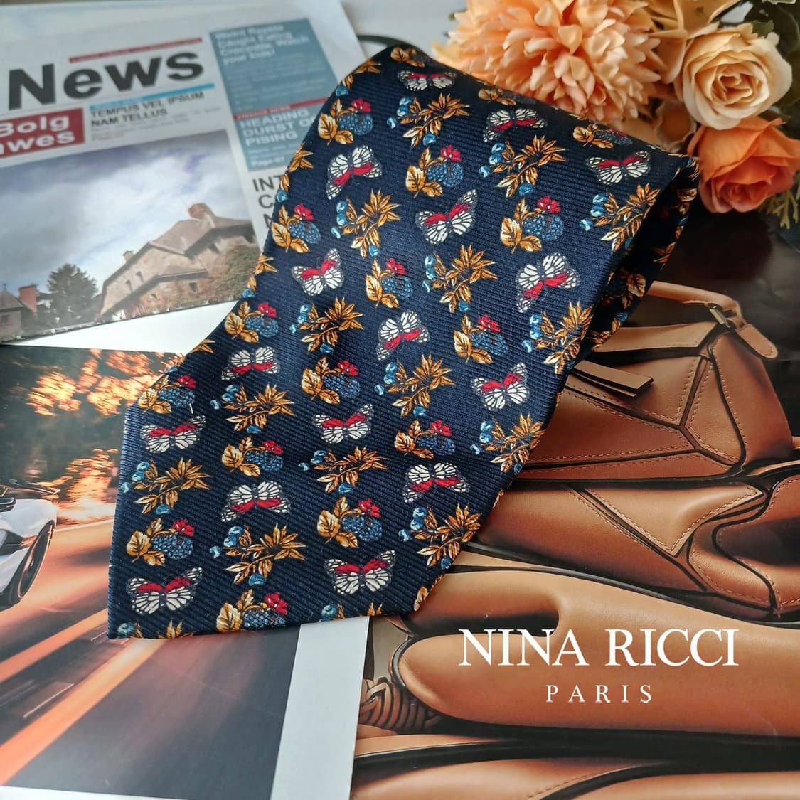 니나리치 실크 네이비 플로럴&나비 넥타이 9.8cm A+등급 A19366 상품이미지2
