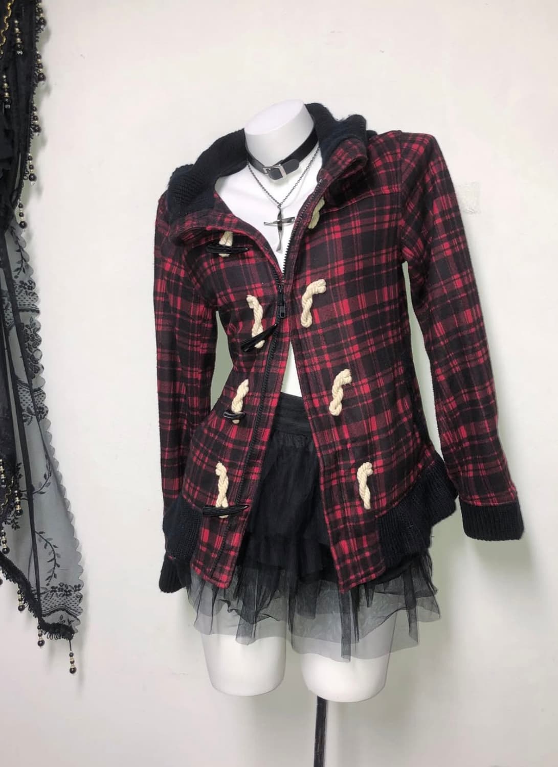 하이넥 레드 타탄체크 나나펑크 떡볶이 투웨이 집업 00s 상품이미지1