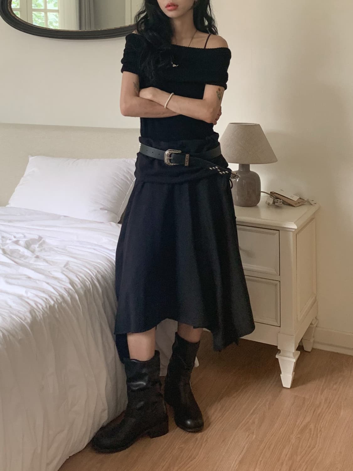 겔리 언발 스트링 플레어 스커트 (블랙, 그레이) 상품이미지2