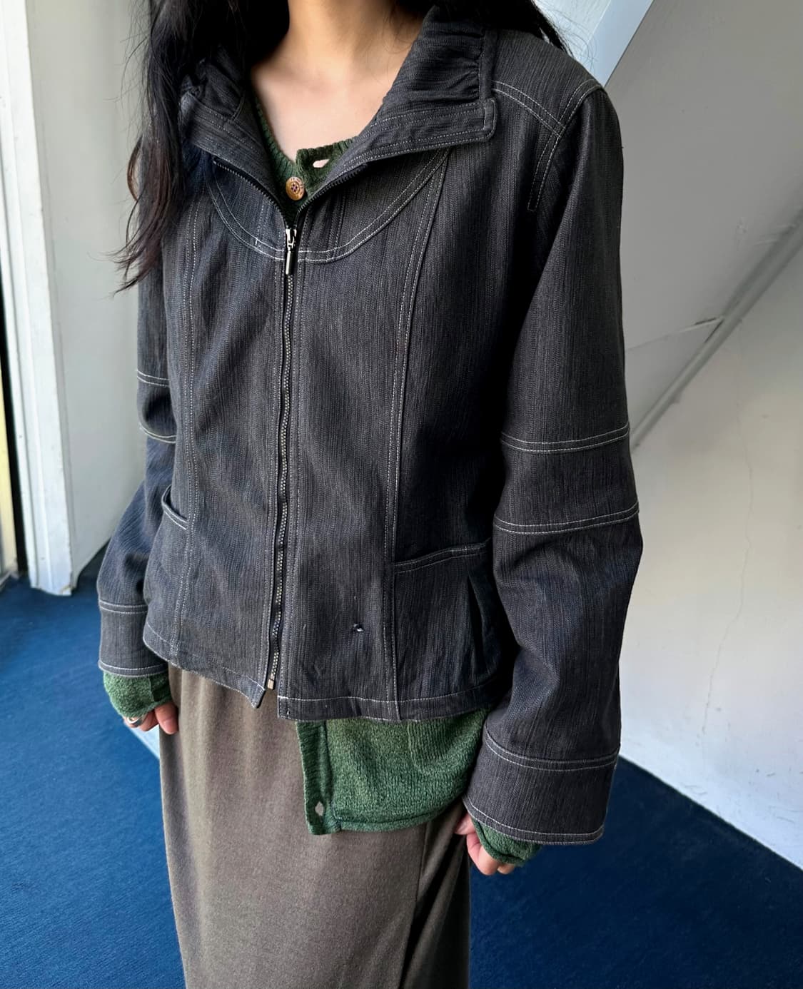 Cotton poly denim zip design jacket 상품이미지5