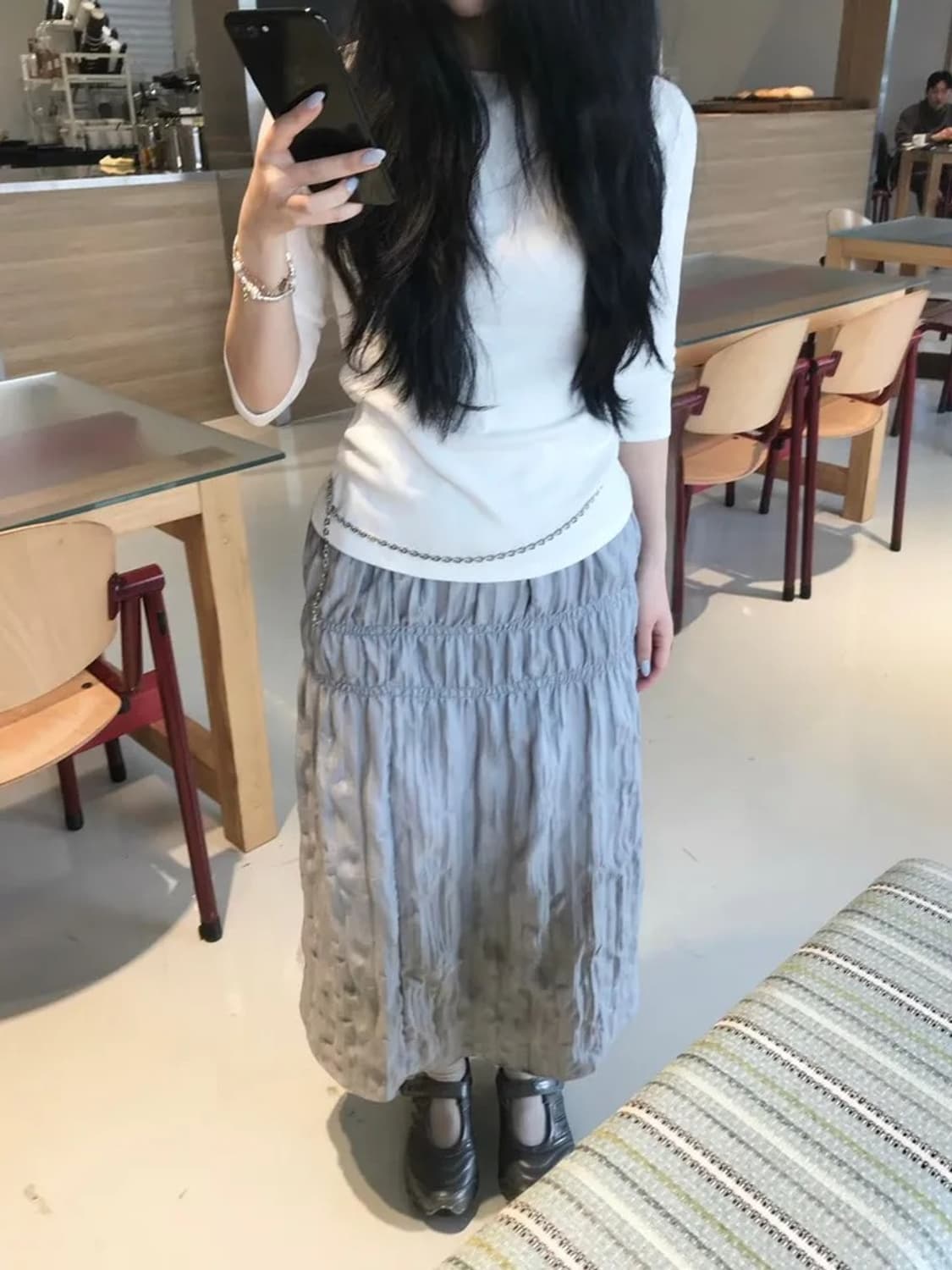 베락 벌룬 롱 밴딩 스커트 블루 그레이 실버 상품이미지3