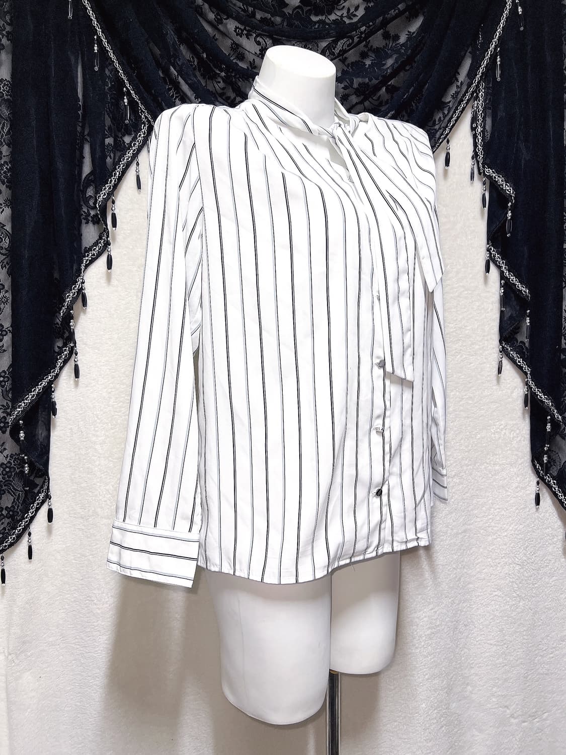 로맨틱갸루 스트라이프 타이 블라우스 셔츠 로걀탑 긱시크 프레피 오피스 상품이미지3