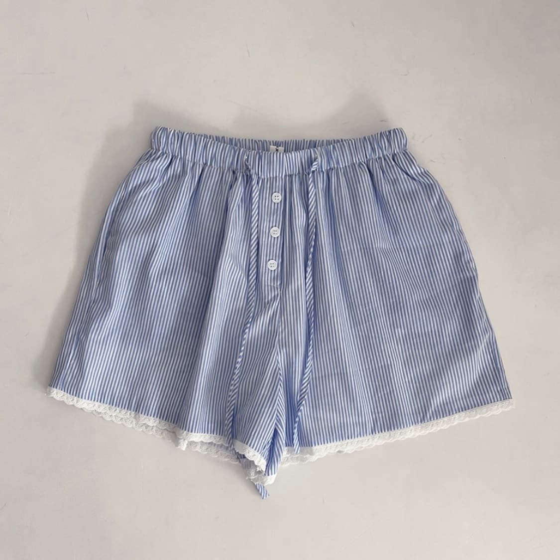 블루 스트라이프 레이스 밴딩 반바지 숏팬츠 상품이미지2