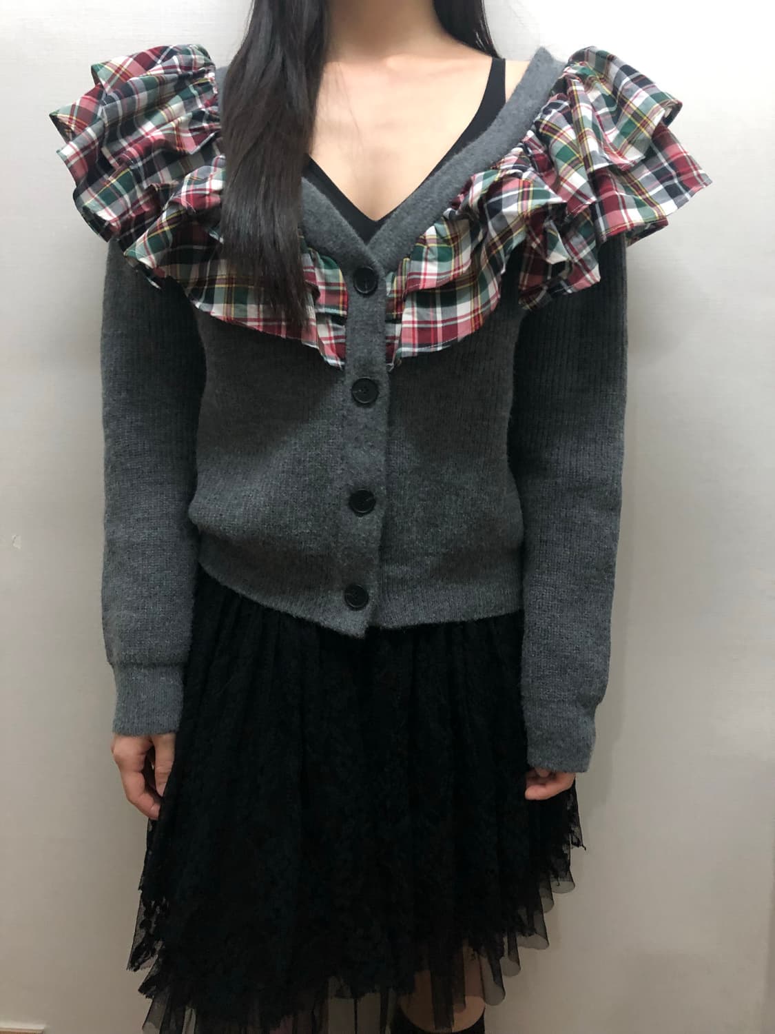 빈티지 그레이 체크 프릴 레이어드 가디건 상품이미지1