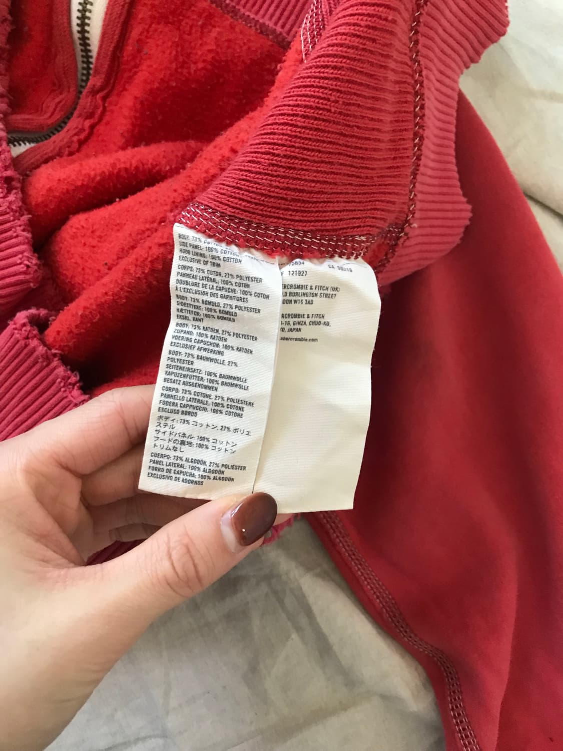 아베크롬비 자수 로고 다홍 헤비 후드집업 상품이미지7
