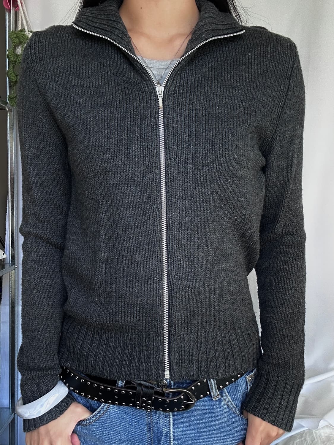 빈티지 울 풀집업 차콜 니트 가디건 상품이미지1