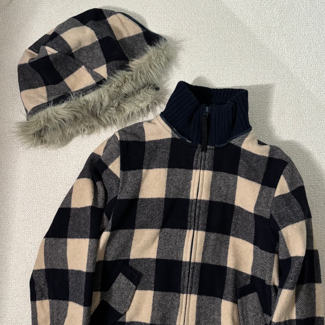 일본빈티지 네이비 체크 퍼 후디 아우터 상품이미지2