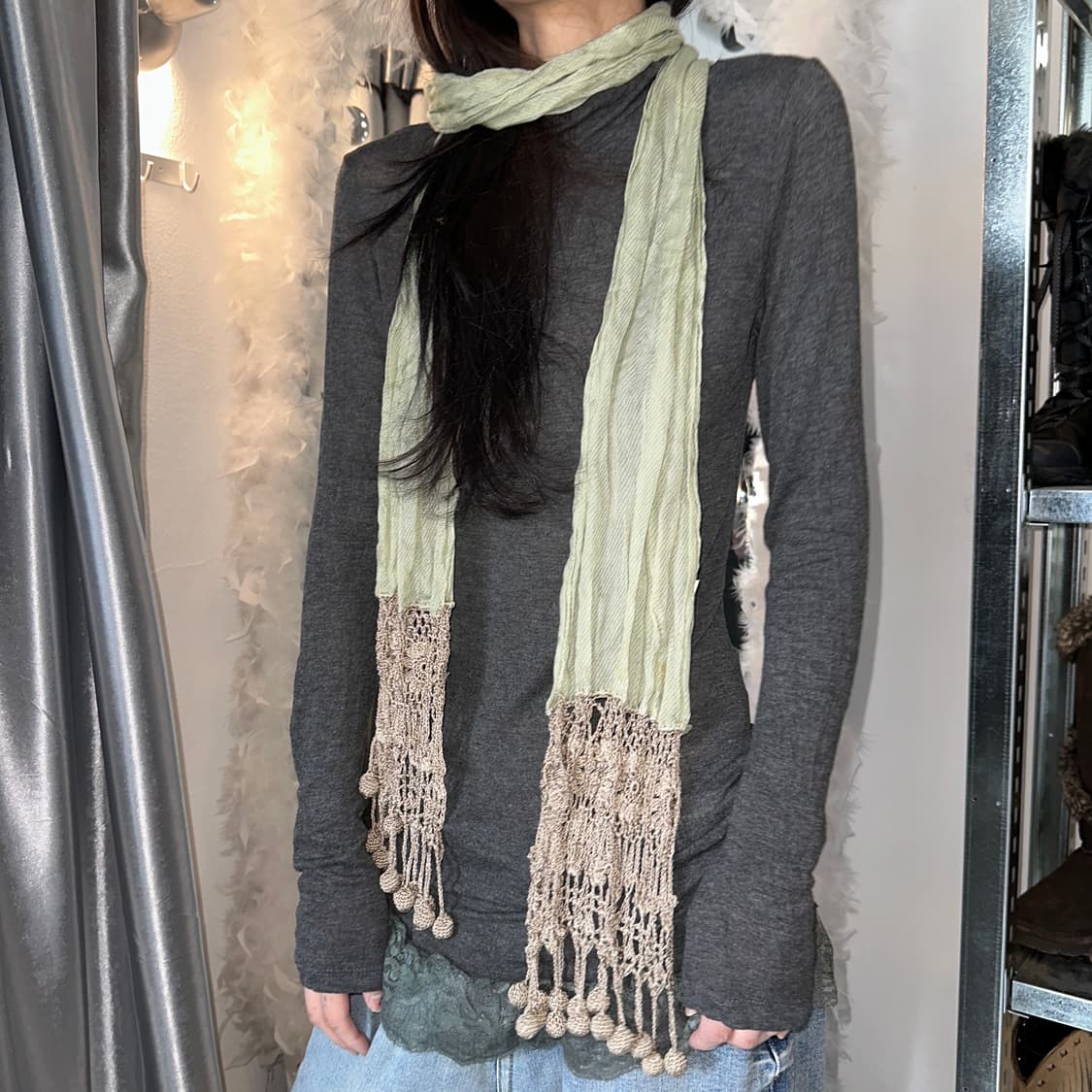 2000s 빈티지 크로셰 니트 그린 롱 스카프 상품이미지5