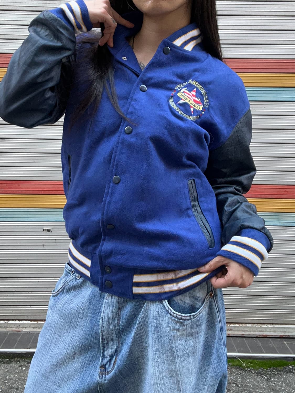 90s 아메리칸 빈티지 블루레더 스타 바시티자켓 상품이미지2