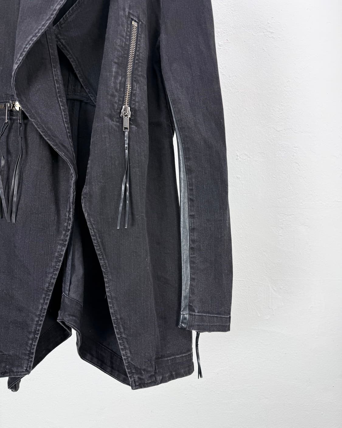 디젤 00s 블랙 레더 믹스드 오픈 카라 바이커 자켓 상품이미지6