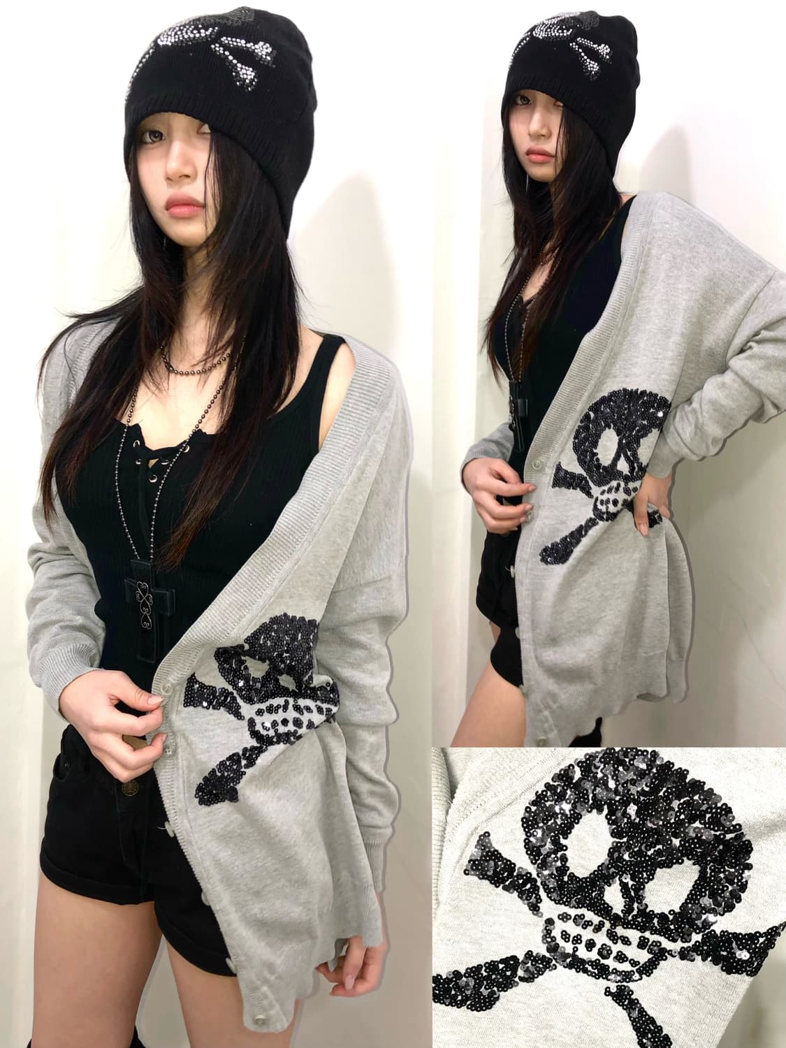 gray skull sequin cardigan 상품이미지1