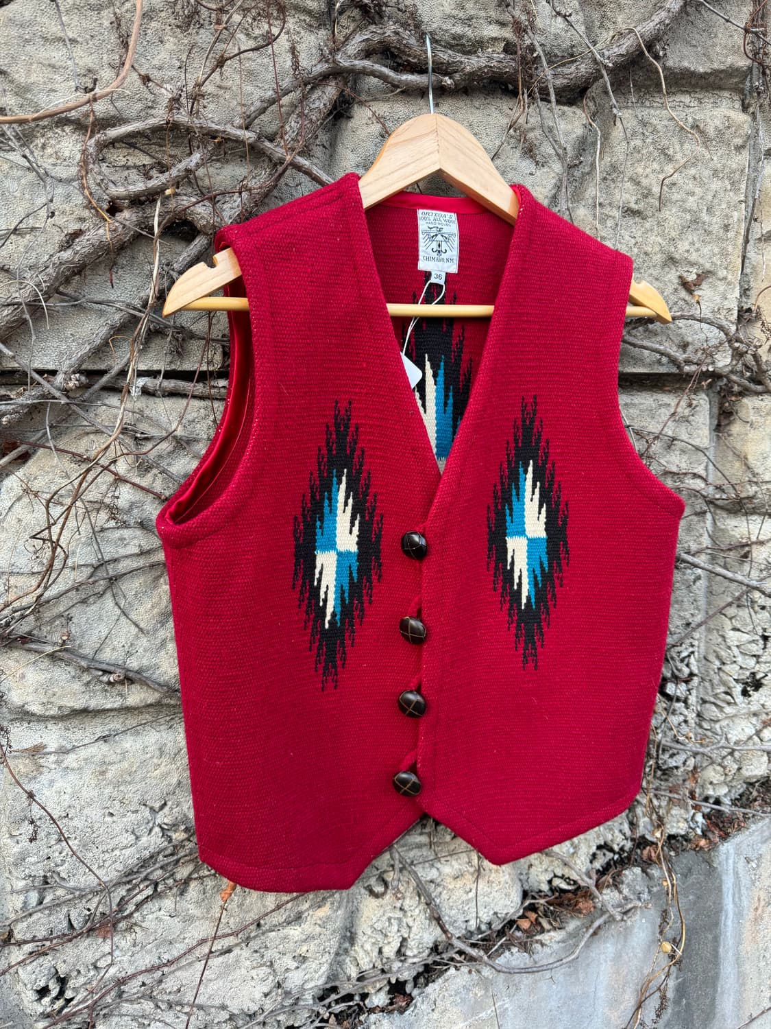 오르테가 핸드 우븐 울 네이티브 무늬 웨스턴 치마요 베스트 조끼 레드 상품이미지4