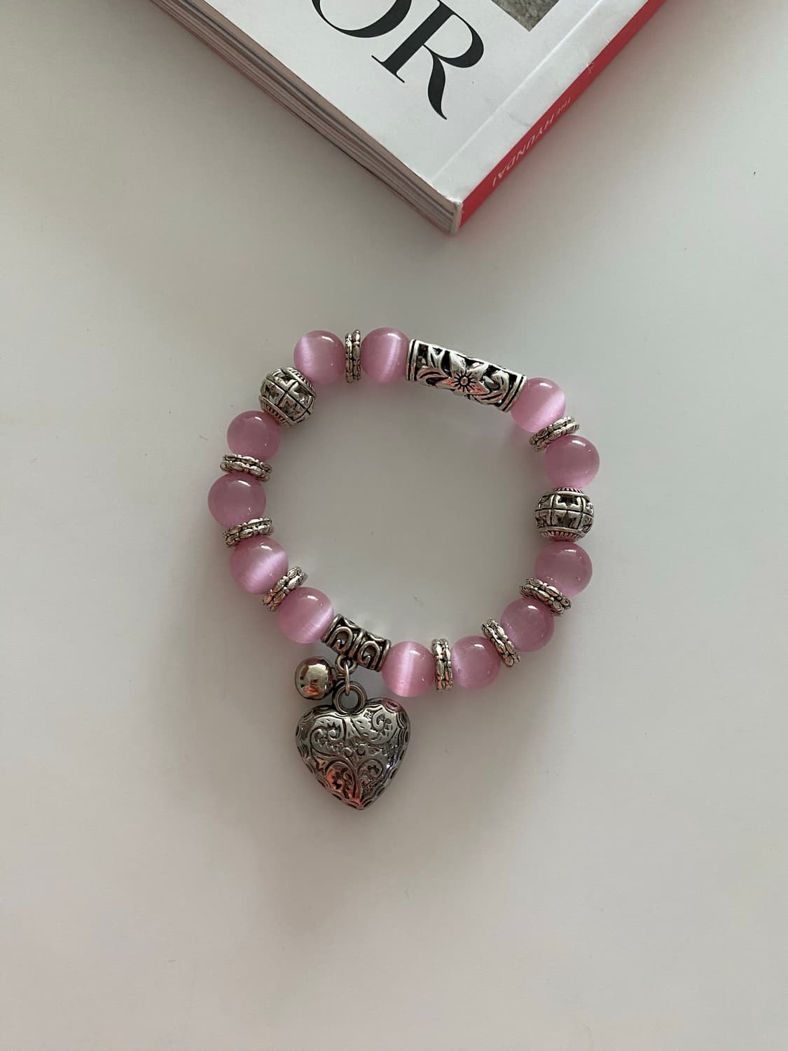 핑크 캣츠아이 비즈 하트 참 팔찌 상품이미지4