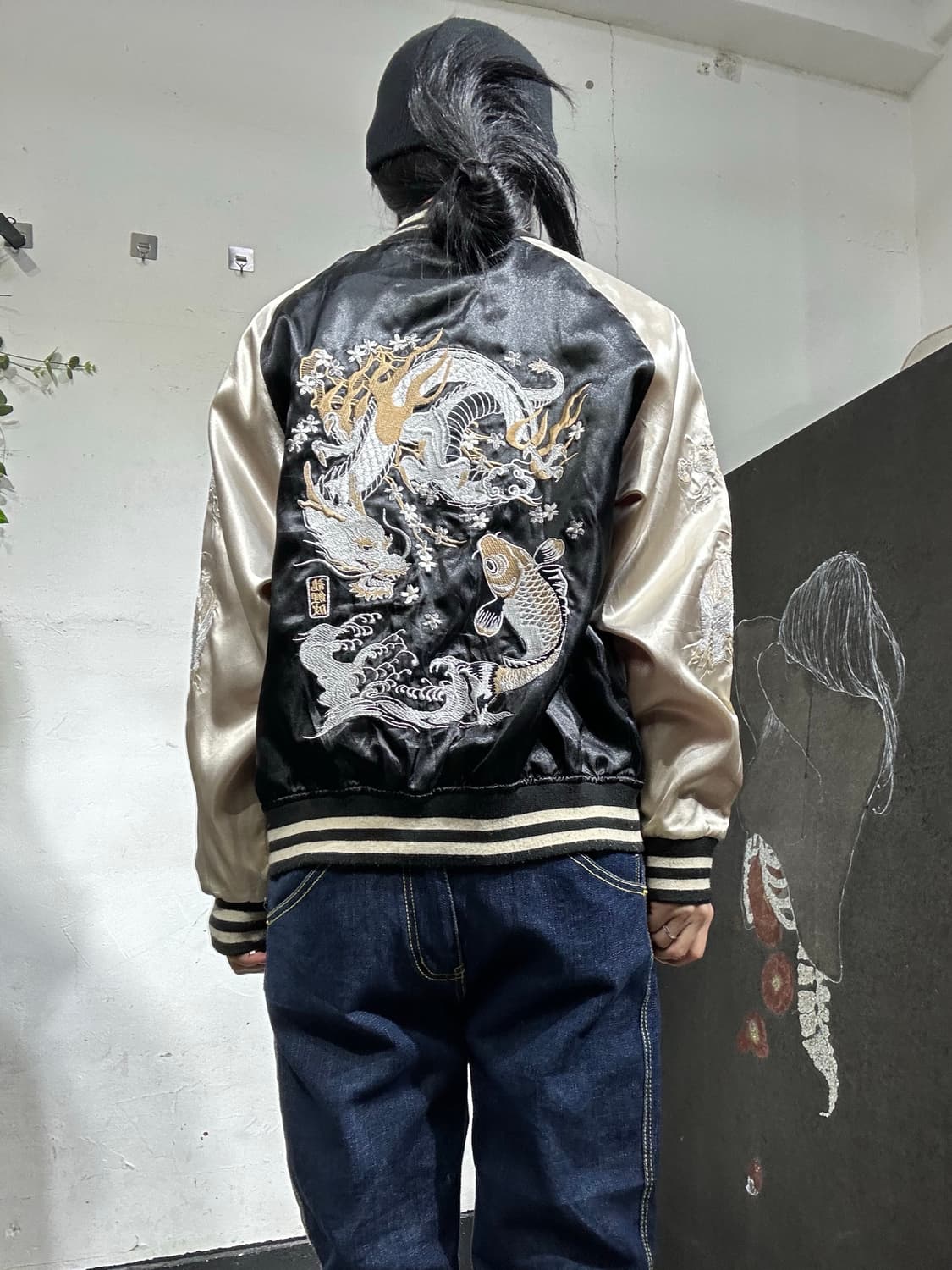 일본빈티지 일심여경 블랙 골드 잉어 용머리 스카잔 M 상품이미지1