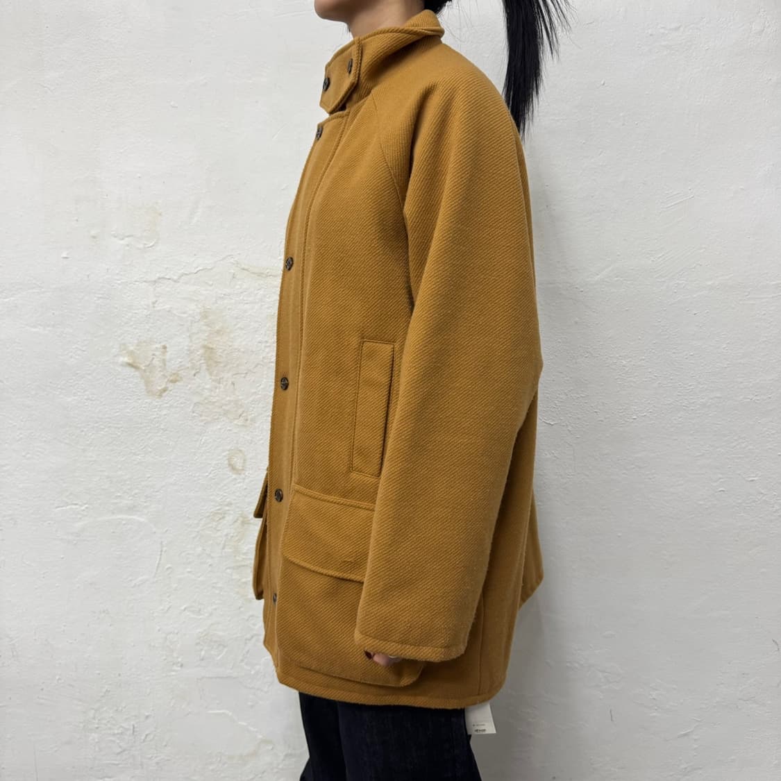 Perushu 베이지컬러 폴리에스터 울 혼방 집업 버튼 하프 코트 자켓 상품이미지2