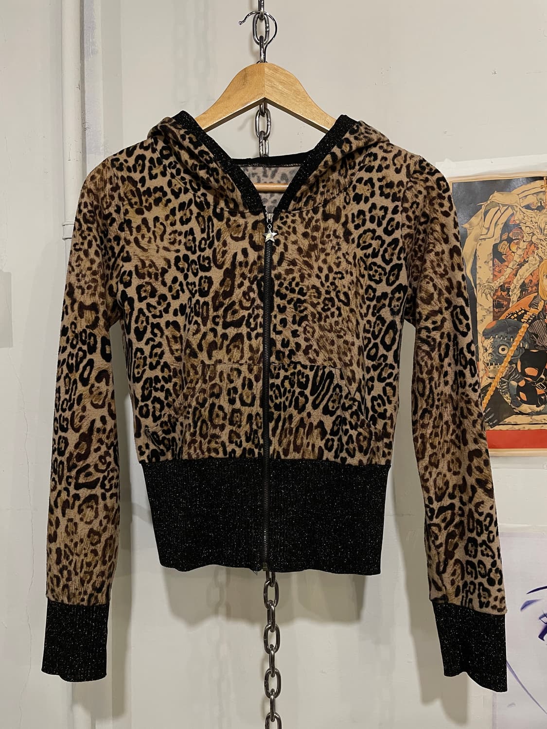 레오파드 패턴 골지 글리터 크롭 후드집업 갸루 y2k 상품이미지2