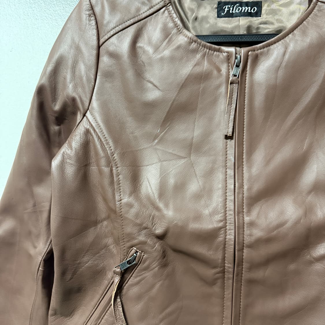 VTG 빈티지 100% 양가죽 오픈 카라 집업 쉽스킨 레더 자켓 상품이미지4