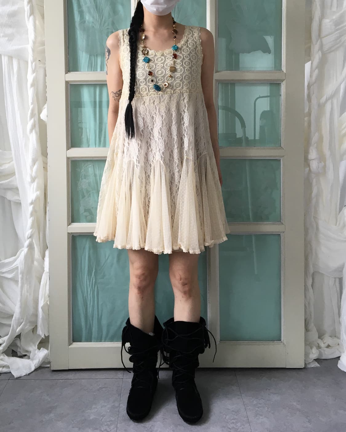 Axes femme lace pattern mixed sleeveless 상품이미지1