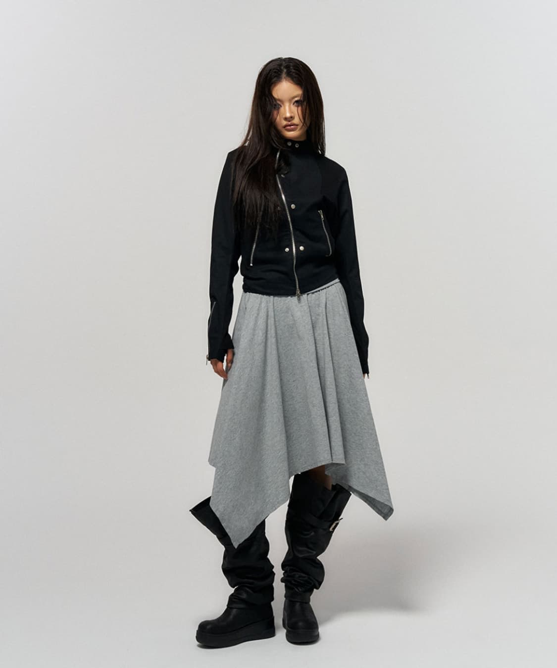 스키즘 인듀싱 ASYMMETRICAL HEM MIDI SKIRT GREY 상품이미지6