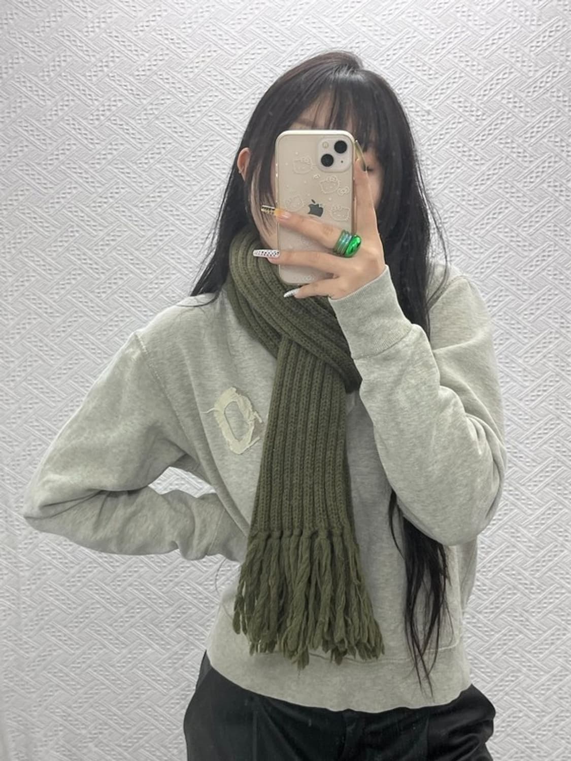 빈티지 올리브 말차 카키 니트 뜨개 목도리 C08036 상품이미지1