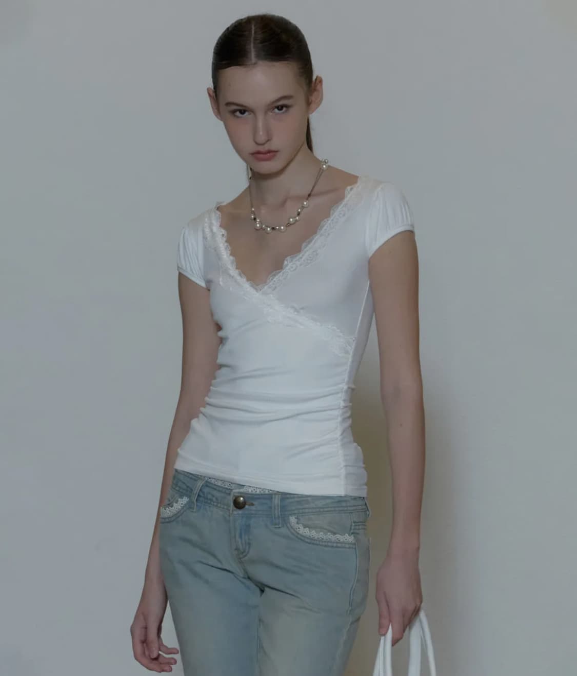 스컬프터Lace Trim Wrap Tee White 상품이미지1